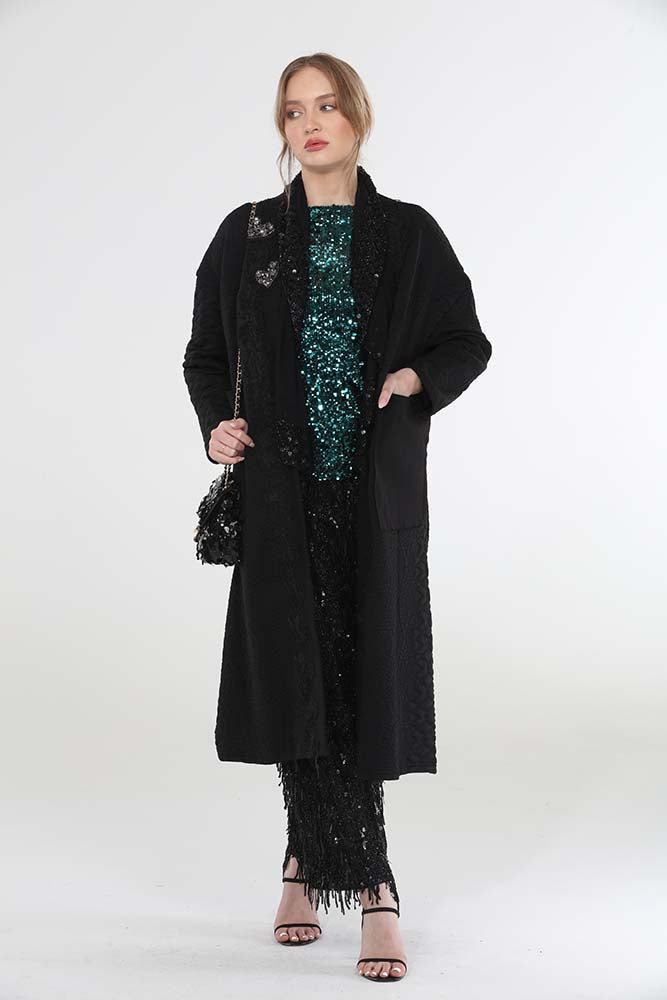 Modest with small jewelry pieces coat.