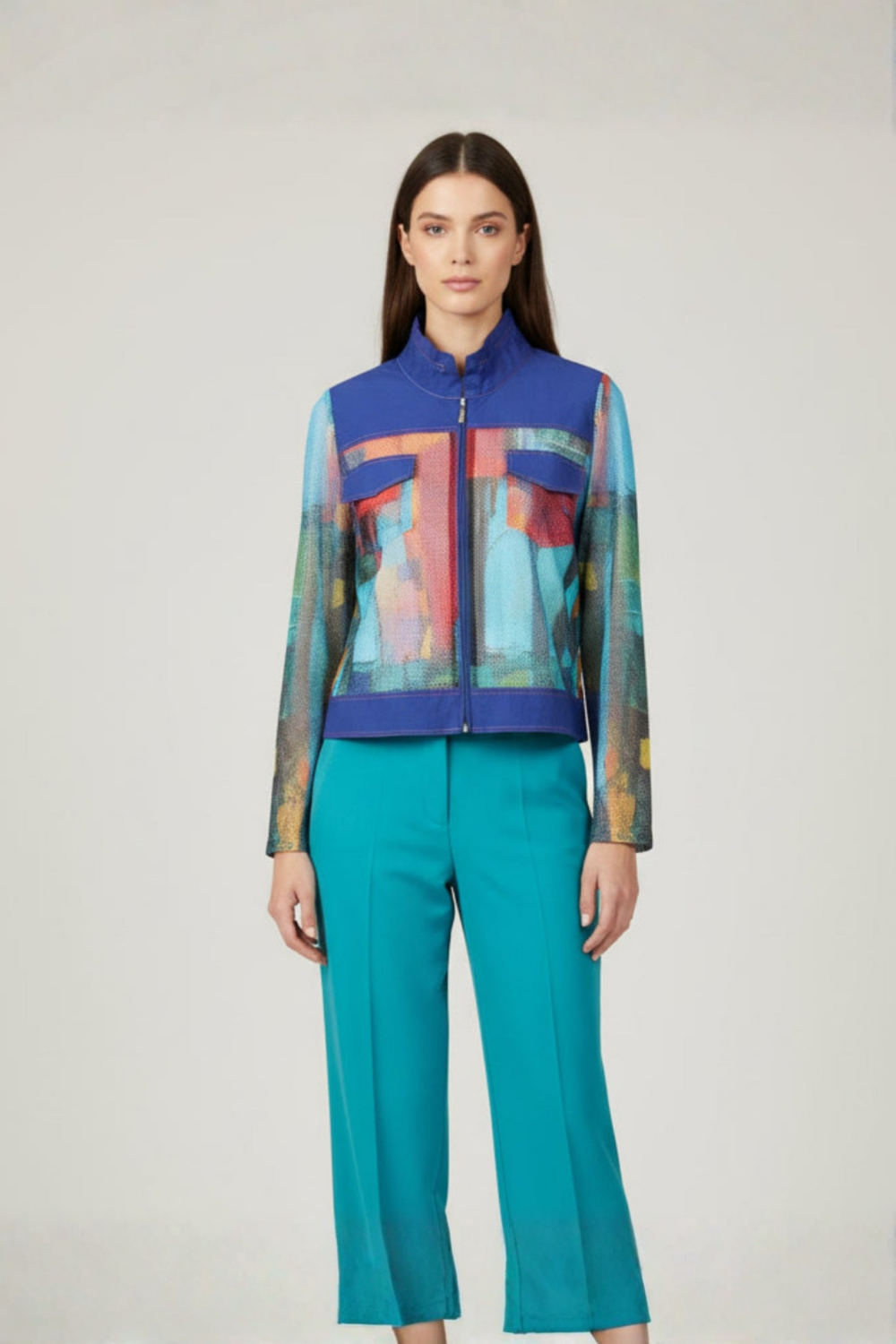 Damee Oil Painting Zip Net Short Jacket