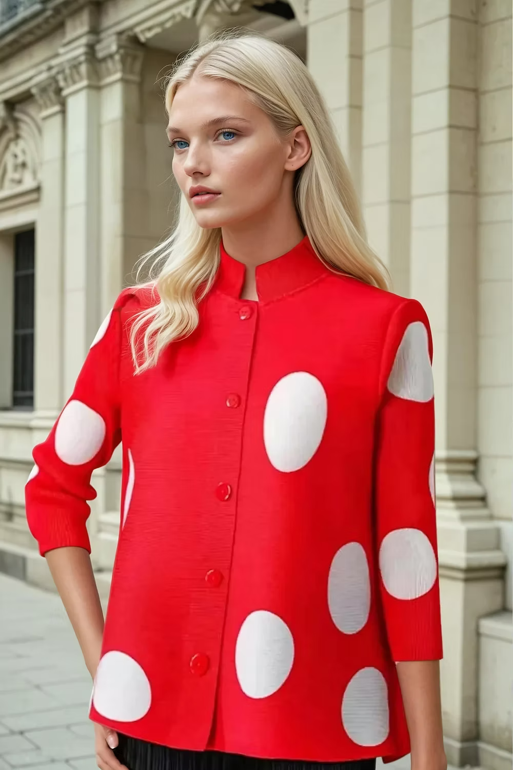 Woman wearing a red blouse/jacket with white polka dots standing in front of a building.
