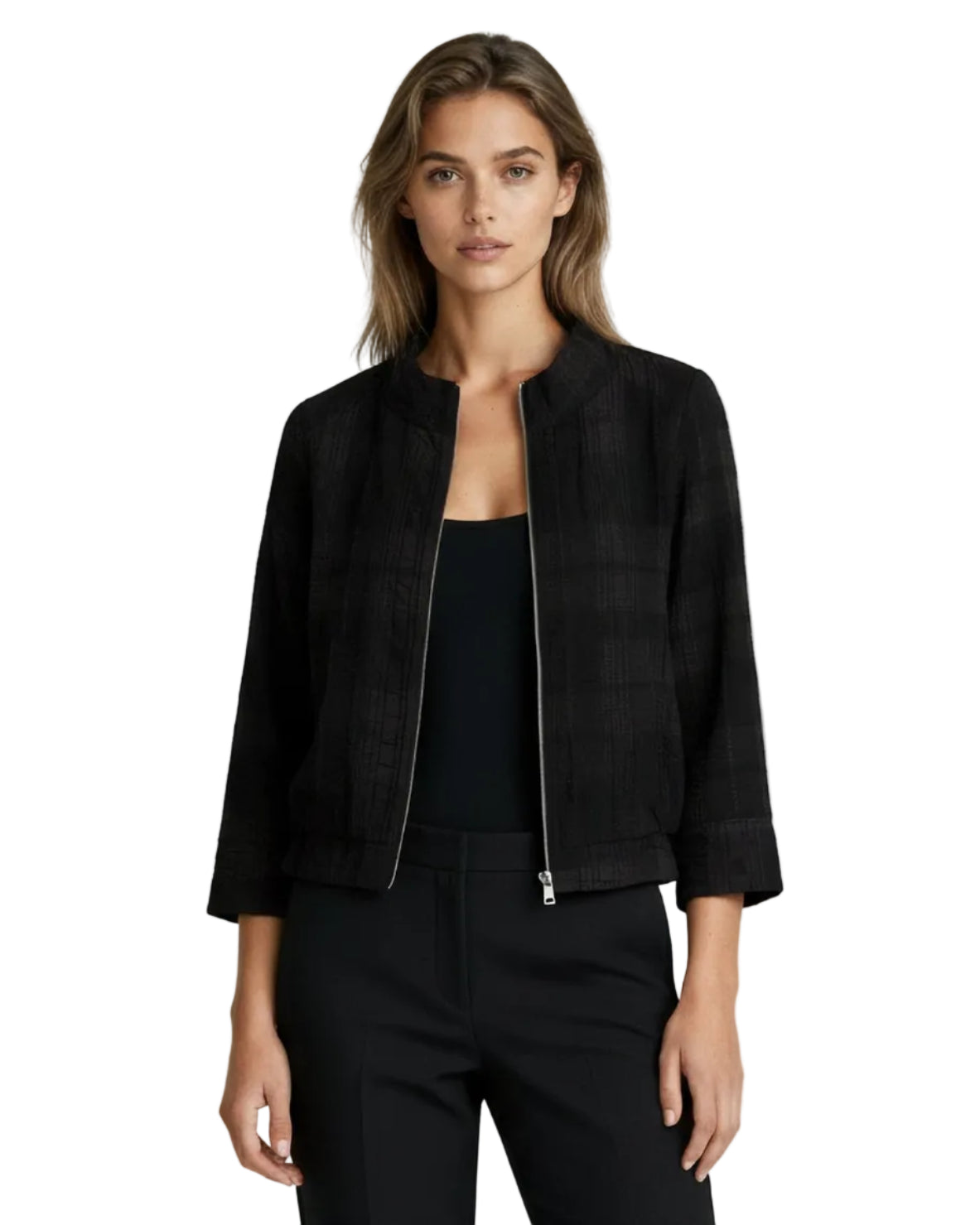Woman wearing a black outfit on a white background