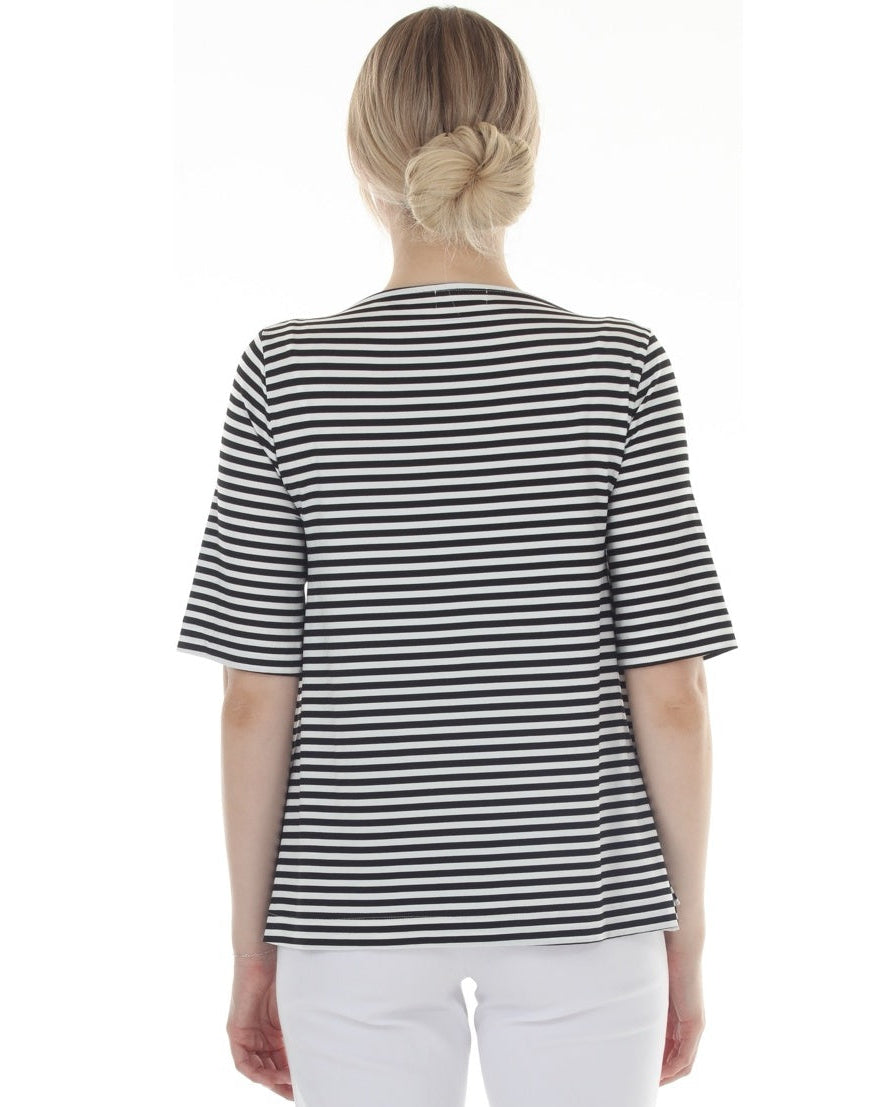 Person wearing a black and white striped shirt on a white background
