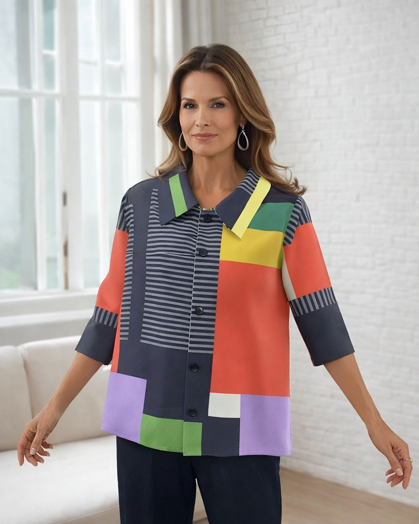 Woman wearing a colorful geometric-patterned shirt in a bright room.
