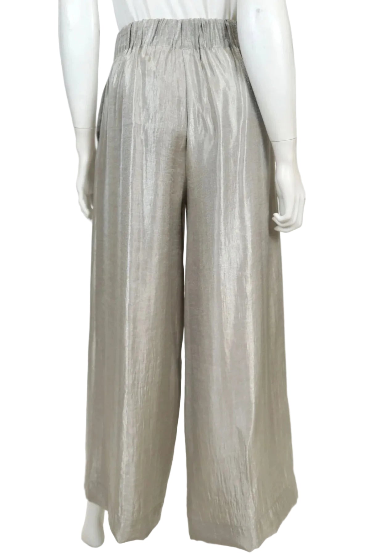 Mannequin wearing silver wide leg pants on a white background