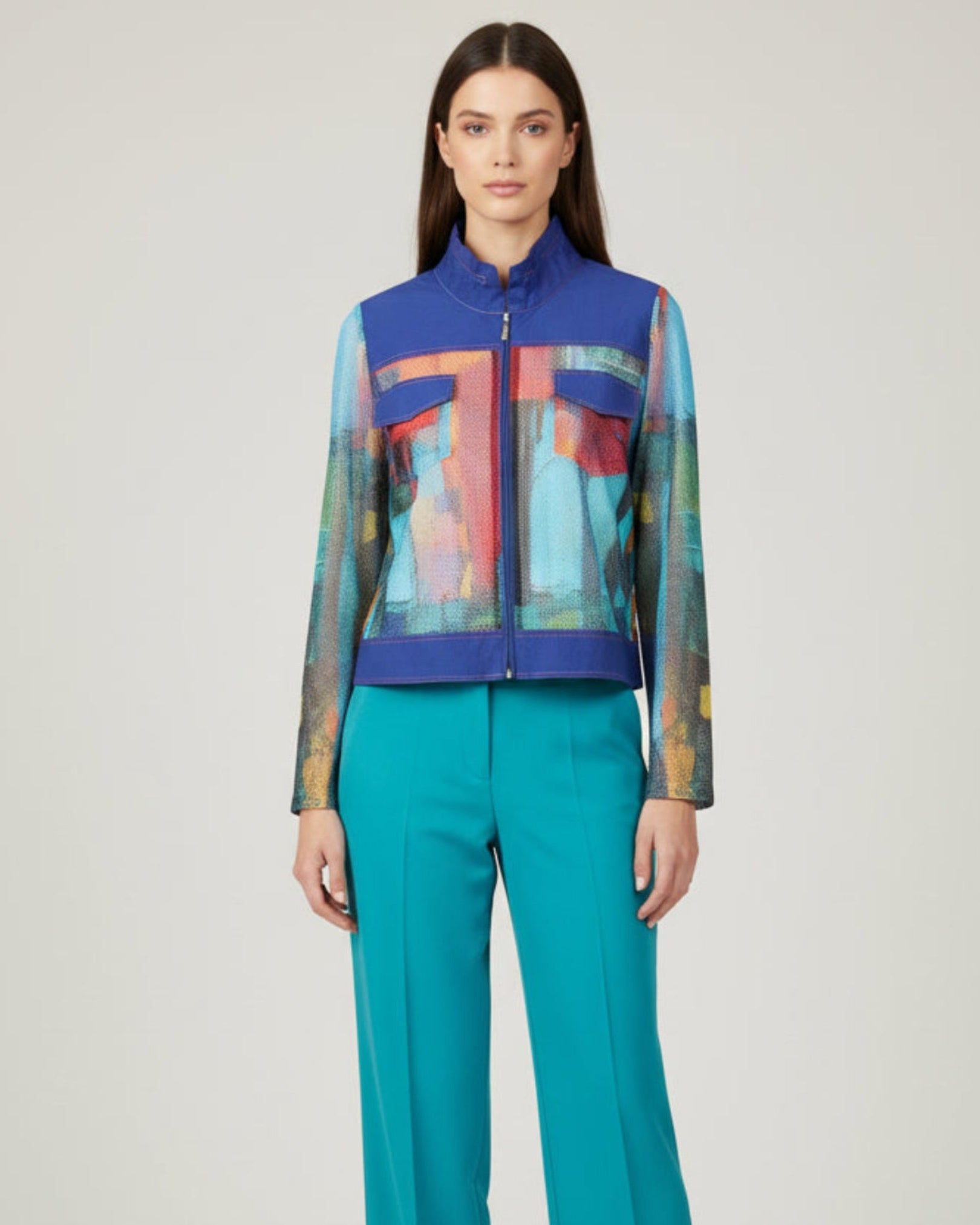 Damee Oil Painting Zip Net Short Jacket