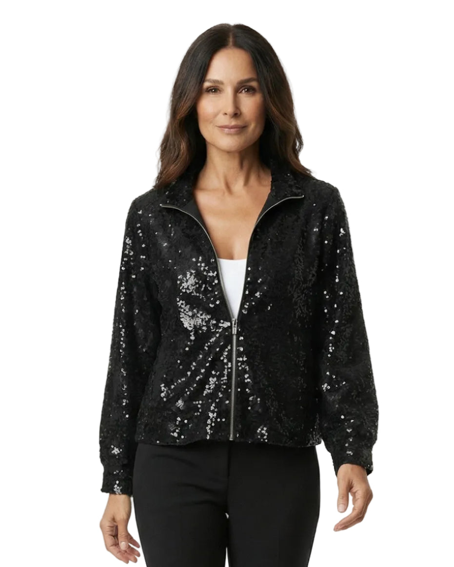 Woman wearing a black sequin jacket on a white background