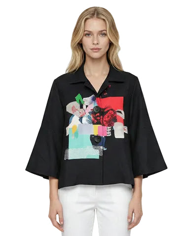 Woman wearing a black outfit with a colorful graphic on a white background