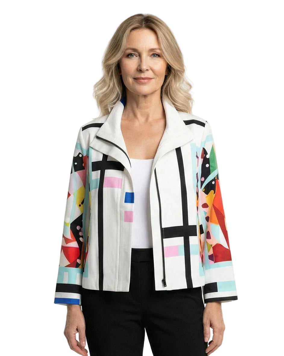 Woman wearing a colorful jacket with geometric pattern on a white background