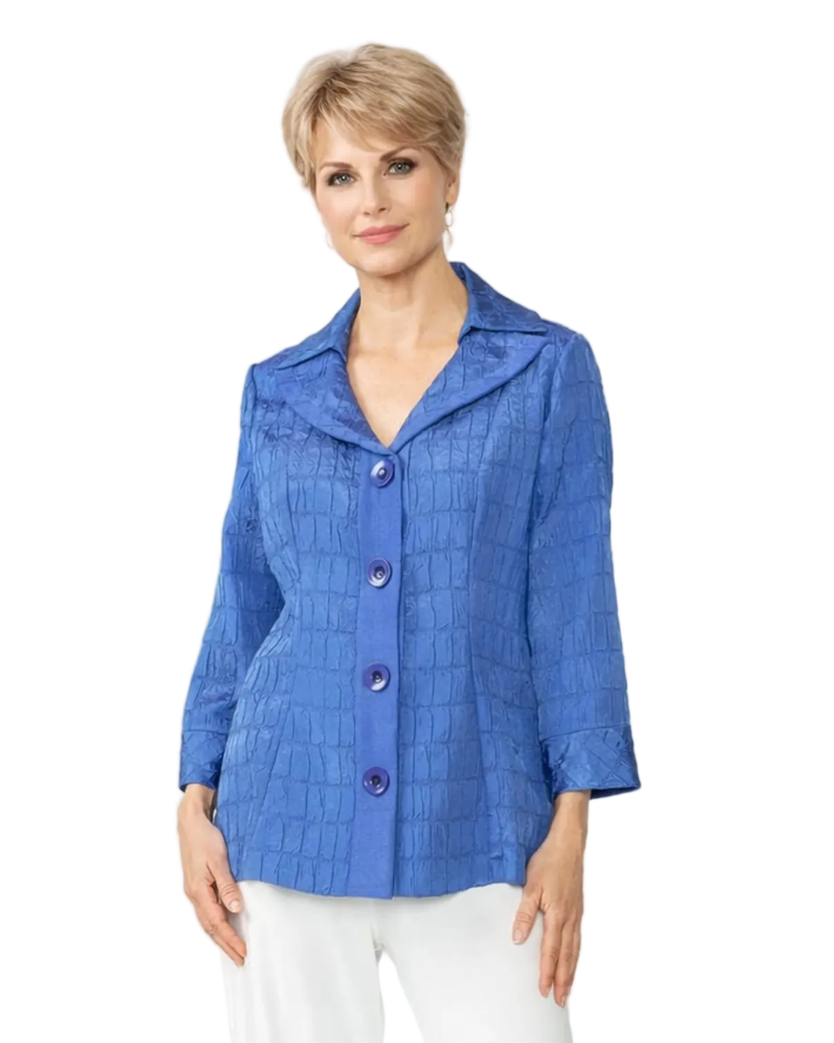 Woman wearing a blue jacket and white pants on a white background