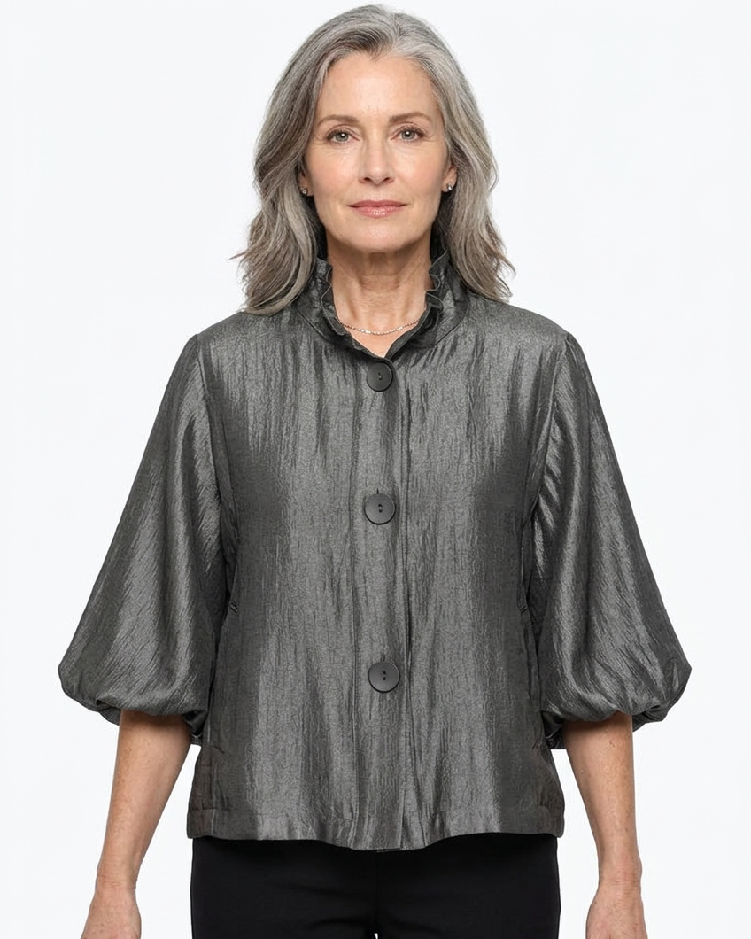 Mature model wearing the charcoal gray top