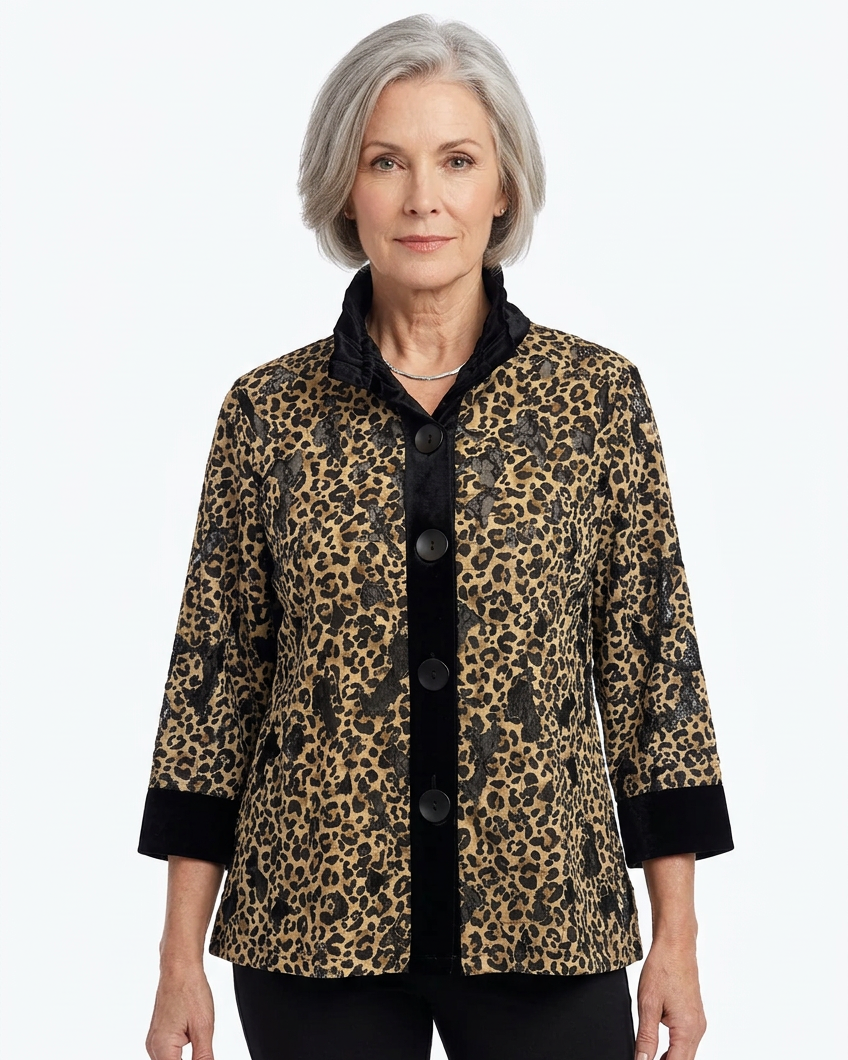 Mature model wearing the leopard-print top with black trim