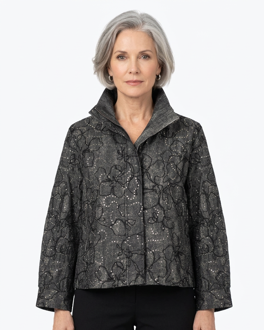 Model wearing the charcoal patterned jacket